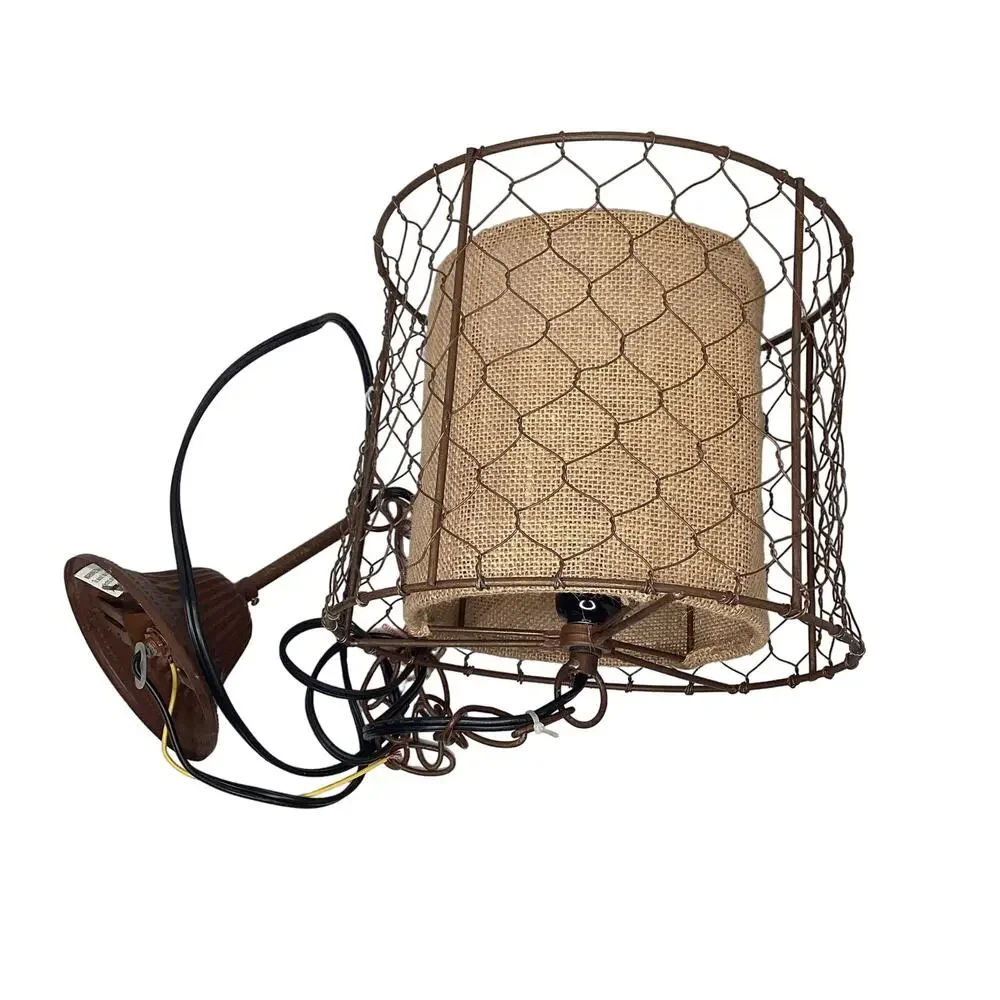 Farmhouse Pendant Light Lamp Rustic Chicken Wire Shade with Burlap Center‎ Brown